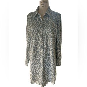 Lucky Brand Chambray Ikat Print Shirt Dress, Blue and White, Size Medium